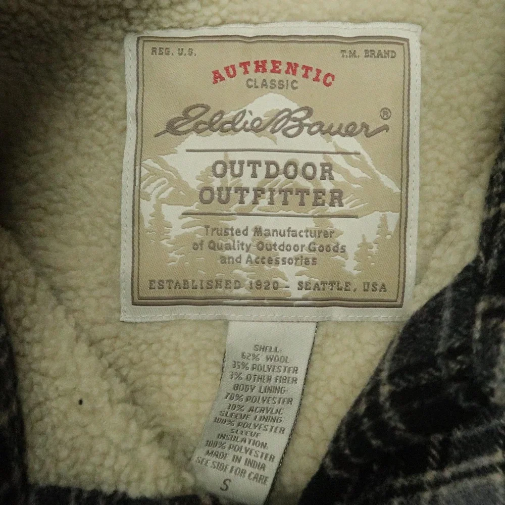 Eddie Bauer Jacket Mens Small Black Gray Plaid Sherpa Lined Wool Blend Outdoor‎